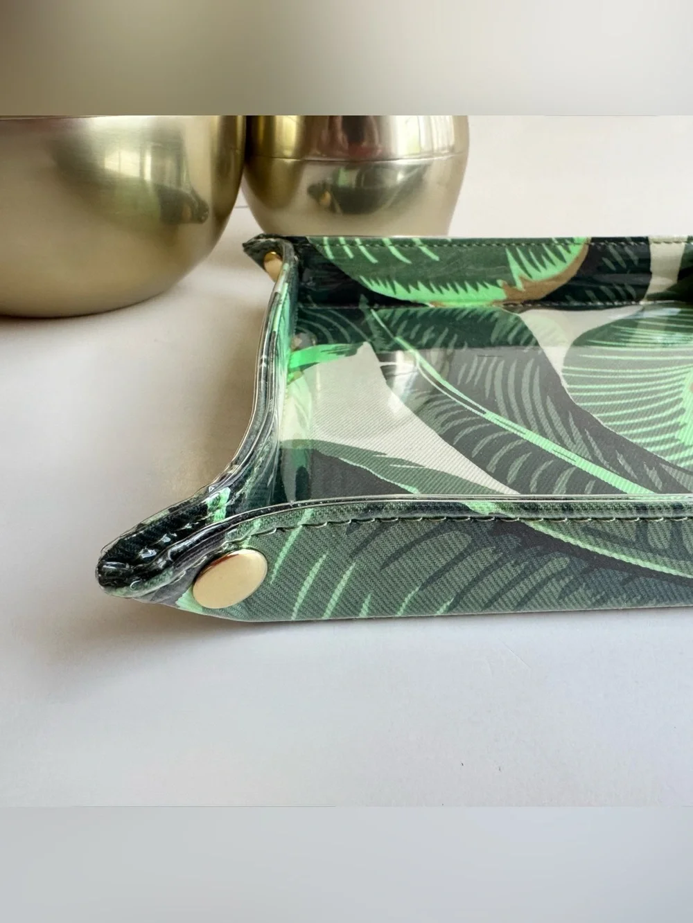 Mark & Graham Clear Coated Catchall in Martinique Palm Leaf Print Gold Snaps